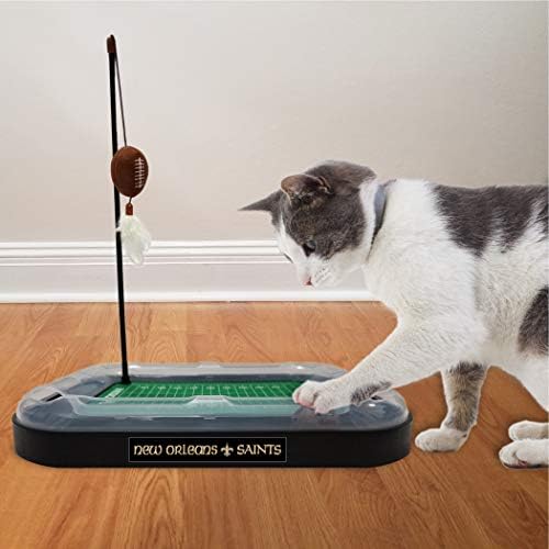 CAT BELL BALL NFL New Orleans Saints Football Field CAT Scratcher Toy with Catnip Filled Plush Football Toy & Feather Cat Toy Hanging, with Jingle Bell Interactive Ball Cat Chasing 5-in-1 Kitty Toy