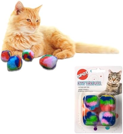 Ethical SPOT Kitty Yarn Puffs Colorful Woolen Yarn Cat Toy Contains Catnip 1.5" Pack of 4 Pet