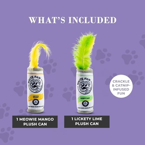 Haute Diggity Kitty White Paw Mango + Lime Cans Set, Soft Plush Cat Toys
