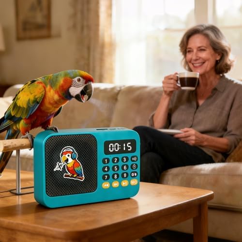 Parrot Talking, Whistling & Singing Training Player – 134 Professional Audio Tracks with Loop Playback &Self-Custom Audio, Includes Training Guide for Beginners & Busy Individuals (Blue)