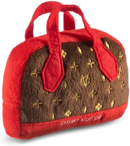 Dog Diggin Designs Chewy Vuiton Posh Purse Plush Dog Toy | Luxury-Inspired Parody Designer Handbag with Squeaker, Soft Plush Fashion Dog Toy – Haute Couture Purses & Handbags