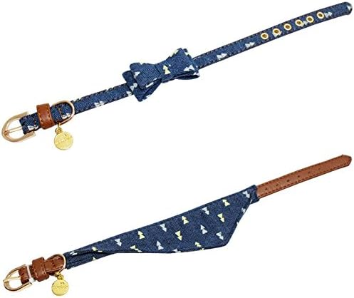 Small Dog Costume Collar - Leather Bowtie Kitten Bandana Collar for Halloween - Teacup Yorkie Chihuahua Clothes Outfits Accessories, Adjustable (Navy Note Bow + Bandana, 8.7 to 11-Inch)
