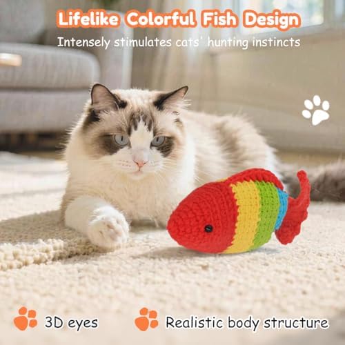 Catnip Fish Toy - Hand-Crocheted with Real Catnip & Bell, Interactive Kicker Toy for Cats Kitten, Soft & Safe for Biting