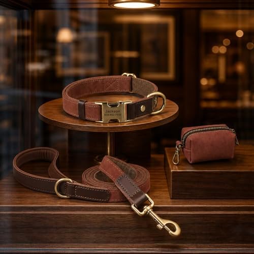Personalized PU Leather Dog Collars,Quick Release Buckle,Brown,M