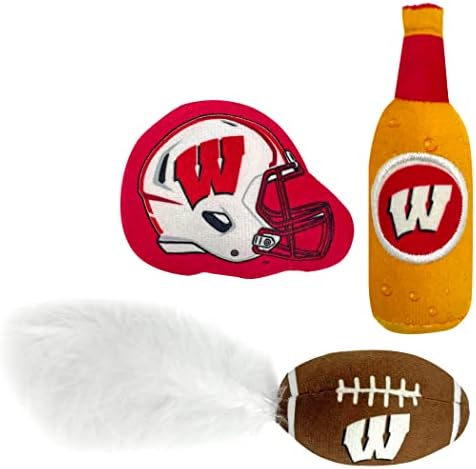 BEST PLUSH CAT TOY - NCAA WISCONSIN BADGERS Complete Set of 3 piece Cat Toys filled with Fresh Catnip. Includes: 1 Helmet Cat Toy, 1 Football Cat Toy with Feathers & 1 Beer Bottle. Beautiful Team LOGO