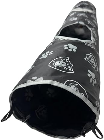 NFL Las Vegas Raiders Cat Tunnel Tube Toy with Plush Football Catnip and Feathers Collapsible Tunnel for Cats to Play, Peek and Hide, Sporty & Fun Cat Tunnel Toy with Team Logo All-Over Design!