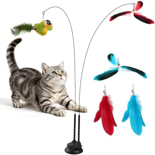 Interactive Suction Cup Cat Teaser Wand, Cat Toy with Simulated Bird & Spinning Feather Attachments, Strong Suction Base & Long Steel Wire for Kitten Self-Entertainment (Detachable)