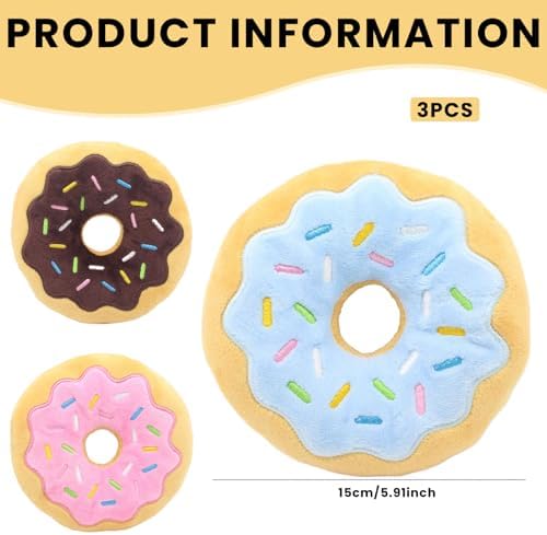 Donut Dog Toy, 6 Inch Bite Squeaker Sound Dog Donut Toys with Exquisite Embroidery, 3Pcs Interactive Soft Plush Toy for Small Medium and Large Dogs.