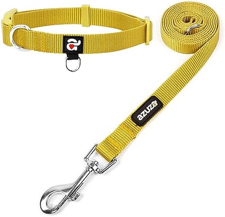 azuza Nylon Fall Dog Collar and Leash Set, Strong & Durable Basic Style Leash with Easy to Use Collar Hook, Available in Multiple Lengths for Puppy and Small Dogs, Ginger Yellow,XS