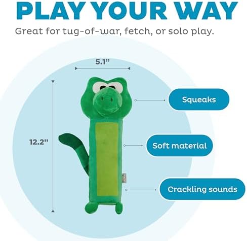 Outward Hound Bottle Bros Alligator Dog Toy, 12 Inch Plush Squeaky & Crackle Toy for Dogs, Interactive Fetch & Engaging Solo Play, Medium, Green