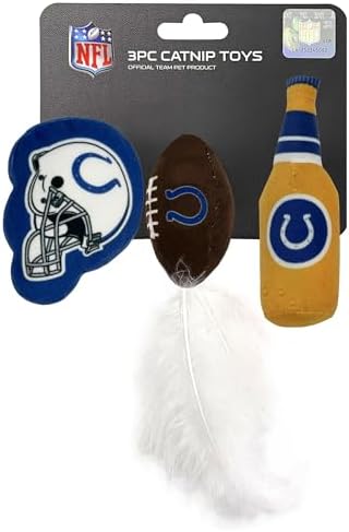 Pets First Best Plush CAT Toy - NFL Indianapolis Colts Complete Set of 3 Piece Cat Toys Filled with Fresh Catnip. Includes: 1 Helmet Cat Toy, 1 Football Cat Toy with Feathers & 1 Beer Bottle