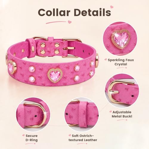 Rhinestone Dog Collar with QR ID Tag, Ostrich-Embossed, Pink, L | Crystal Dog Collar with Ostrich-Embossed Texture, Adjustable Waterproof Fit and QR Scan Pet ID for Stylish Daily Wear