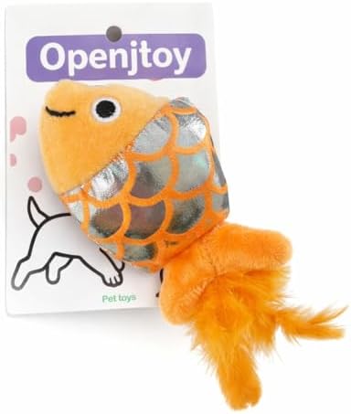 Cat Toy Fish with Feather Tail, Orange Plush Interactive Pet Toy with Crinkle Scales