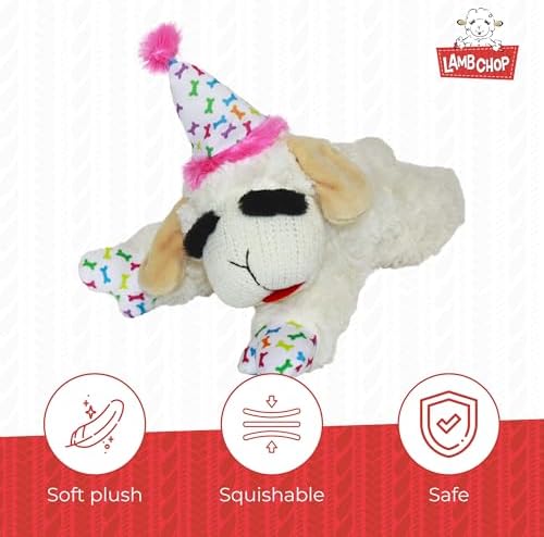 Multipet Lamb Chop Dog Plush Toy w/Birthday Hat - Squeaky Toy for All Dogs - Soft Plush - Stuffed Animal Dog Toys for Playing - Cute Birthday Toy (10.5”, Pink Hat, 5 Squeakers)