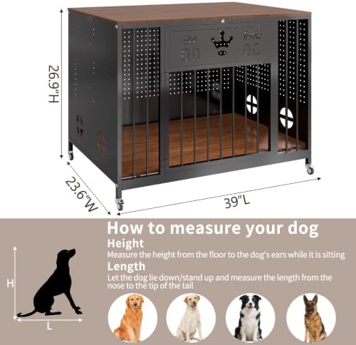 39"Iron Pegboard Dog Kennel Furniture with Solid Wooden Top & RGB LED Light