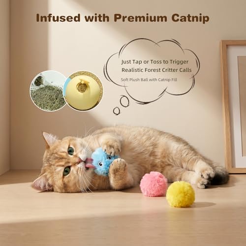 3 Pack Fluffy Cat Toy Ball, Interactive Chirping Plush Cat Toy with 3 Lifelike Animal Chirps & Refillable Catnip for Indoor Kitten & Small Pets