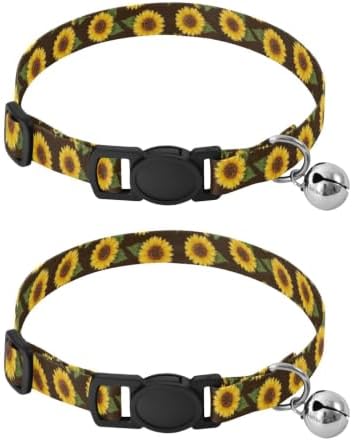 Sunflowers Black Cat Collars with Bell 2 Pack Cat Collars Adjustable 10.6 to 17.1 Inches