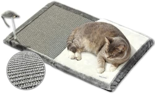 Happi N Pets Cat Scratcher Mat, 3 in 1 Foldable Sisal Mat for Small & Medium Cats, Portable Natural Scratcher with Memory Foam Bed & Interactive Toy, Rectangular, Grey