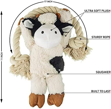 Native Pup Dog Toy Rope and Plush Stuffed Squeaker, Tug of War Toys for Dogs, Puppy Welcome Home Add on for Pets (Cow)