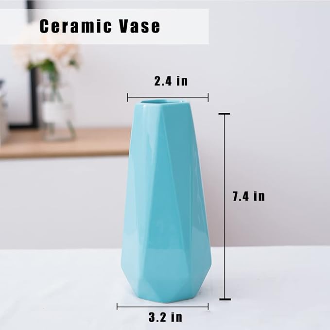 Ceramic Vase, 7.4 Inch for Pampas Calla Lily Tulip, Flower Vase Minimalism Style for Modern Table Shelf Home Decor, Fit for Housewarming, Weddings, Birthday, Christmas, Thanksgiving, New Year (Blue)