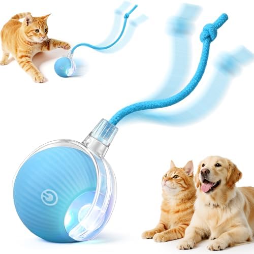 Interactive Automatic Rolling Electronic Stimulation Chase Ball Cat Dog Toy | Smart Electric Moving Stimulating Rechargeable Motion Activated Self Play Teaser for Boredom Small Dog Puppy Pet, with Rope