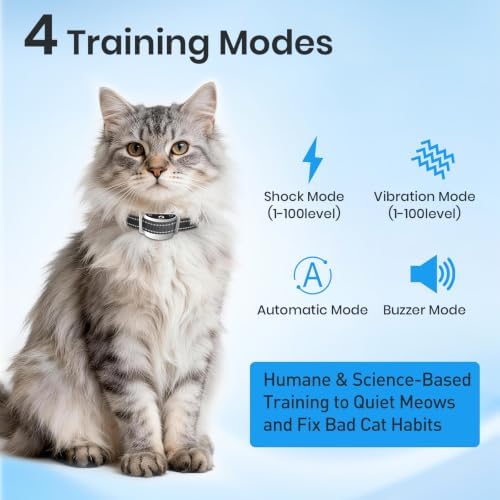 Cat Training Collar with Remote, Shock Collars for Cats Indoor, 4 Modes: Auto Meow Stop, Beep, Vibration, Shock, for Small & Medium Cats 5-30 lbs, IP67 Waterproof,3300Ft, Rechargeable,Black