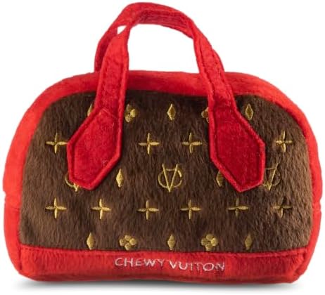 Dog Diggin Designs Chewy Vuiton Posh Purse Plush Dog Toy | Luxury-Inspired Parody Designer Handbag with Squeaker, Soft Plush Fashion Dog Toy – Haute Couture Purses & Handbags