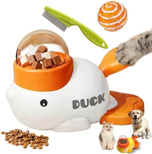 Duck Cat Treat Dispenser, Duck Pet Treat Dispenser, Yellow Ducks Cat Feeder Toy, 2-in-1 Interactive Dog Puzzle Toy & Slow Feeder for Small Medium Dogs and Cats, IQ Training (White)