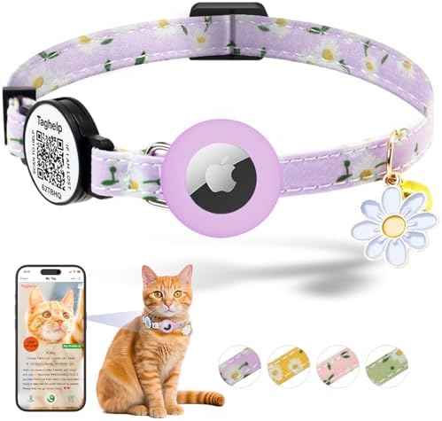 8-13in Airtag Cat Collar Lightweight and Comfortable, Bells & Flower Charm Collar Breakaway with Silicone with Apple Air Tag Holder Smart ID tag for Cats and Puppies(Purple)