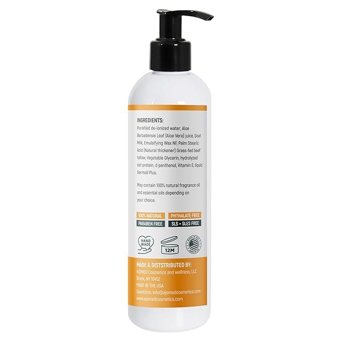 Tallow & Goat Milk Body Lotion for Sensitive Skin, Organic Lotion - tallow for skin cream, Dry skin, Goat Milk face and body Moisturizer - Handmade lotion (12oz, OATMEAL & HONEY)