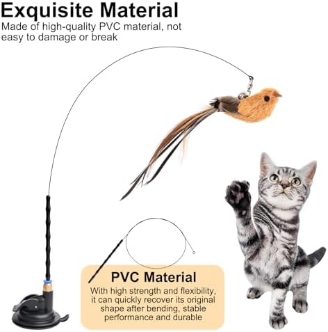 5 Pcs Interactive Cat Feather Toys, Interactive Cat Toys for Indoor Cats, Bird Simulation Cats Feathers Fishing Pole Toy Kit with Suction Base & Replacement Birds for Outdoor Indoor Kitten Playing