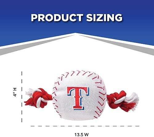 Pets First MLB Texas Rangers Baseball Rope Toy for Dogs & Cats. Tough Nylon, Sporty Baseball Design, Heavy-Duty Ropes with Inner Squeaker