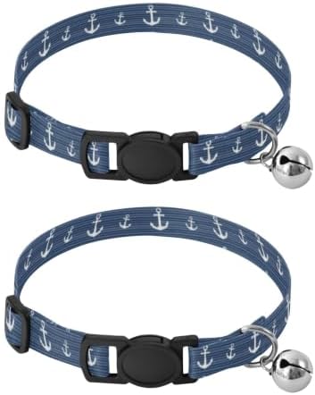 2 Pack Cat Collars White Anchors Stripes Navy Blue Puppy Collar with Bell, Adjustable 10.6 to 17.1 Inches