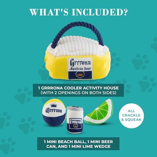 Haute Diggity Dog Grrrona Cooler Puzzle with 3 Plush Squeaky Dog Toys Set