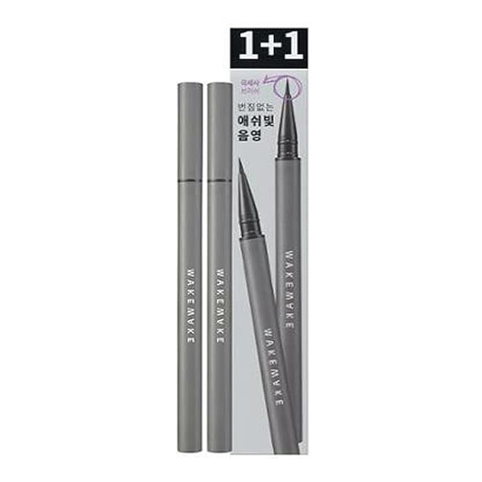 WAKEMAKE Real Ash Brush Eyeliner, Korean Makeup Liquid Eyeliner, Smudge-proof, Ultra-Fine Tip, Long Lasting Waterproof Liquid Eyeliner 0.04 OZ (Pack of 2) (01 ASH BLACK)