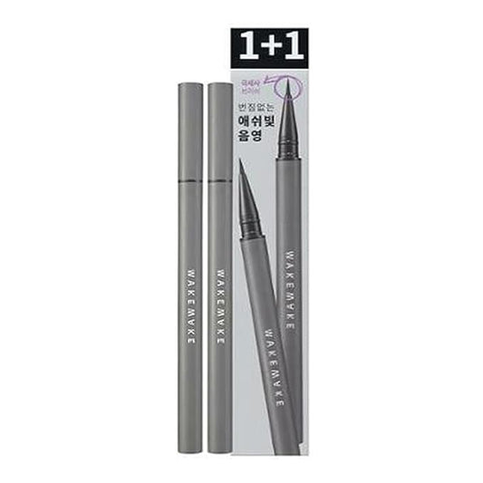 WAKEMAKE Real Ash Brush Eyeliner, Korean Makeup Liquid Eyeliner, Smudge-proof, Ultra-Fine Tip, Long Lasting Waterproof Liquid Eyeliner 0.04 OZ (Pack of 2) (01 ASH BLACK)