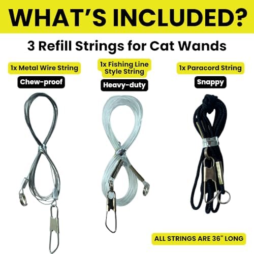 Cat Toy String Replacement 3-Pack - Chew Proof Metal Wire, Cat Wand String Replacement Variety Pack, Official Cat Toy Refill Strings for Forever Stick Cat Toy Wand, Transparent Fishing Line Nylon Cord