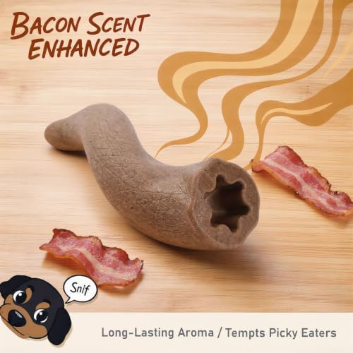 MECOOL Durable Nylon Dog Chew Toy – Bacon Flavored Bull Horn Shape with 6-Point Star Hollow Core for Treat Stuffing, Tough Interactive Teething Toy for Aggressive Chewers, Medium Large Dogs