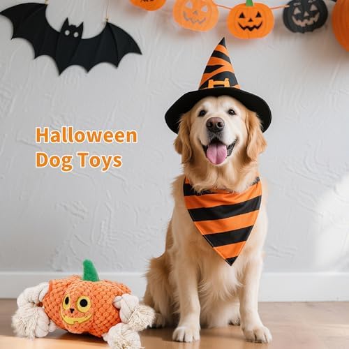 Halloween Dog Toys,Halloween Pumpkin Plush Dog Squeaky Toys with Cotton Rope for Small Medium Dogs