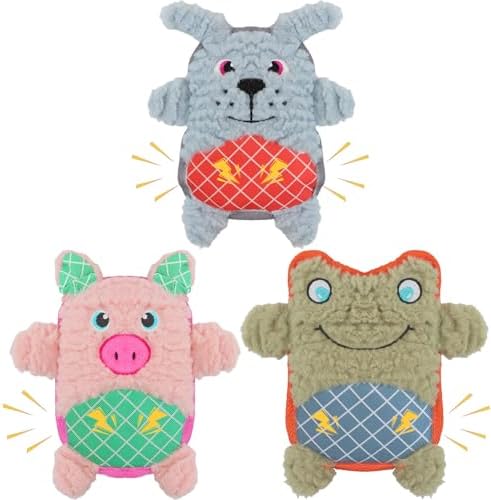 Crinkle Dog Toys Squeaky Plush No Stuffing Cute Puppy Stuffless Tough Rop Pull Toy, Fun Dog Stuffed Animals Durable Chew Set for Small Medium Large Pup (Large, Pink Pig+Green Frog+Blue Dog)