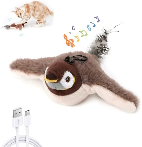Flying Bird Shape Cat Toy for Indoor Cats - Automatic Interactive Cat Toy with Flapping Wings & Chirping Sounds, Electric Simulation Sparrow, Realistic Hunting Toy for Bored Cats (Brown)