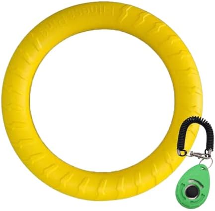 Dog Training Ring - Pet Fun Training Set of Yellow Interactive Dogs Ring and Green Pet Training Clicker,dogtraining Toy/Dog chew Toy for Aggressive chewers,Medium-Sized/Large