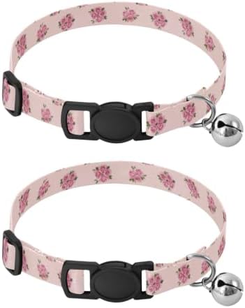 2 Pack Cat Collars Cute Puppies Roses Small Dog Collar with Bell, Adjustable Length 10.6" to 17.1"