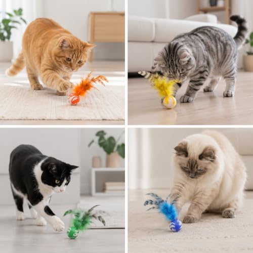 5 Pcs Feather Cat Toy, Cat Toy Balls with Natural Feathers, Feather Chase & Fetch Balls for Indoor Cats, Bouncy Cat Feather Ball Toys, Interactive Silicone Bouncing Balls for Active Kittens, Adult Cat