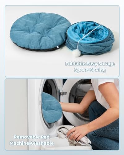 Odoland Linen Cat Tunnels with Central Cat Bed, Interactive Cat Toys Detachable Washable Soft Mat Large Indoor Play Tunnel Cave for Kittens and Small Animals