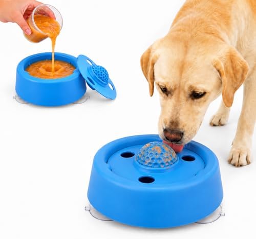 Slow Feeder Dog Bowl with Suction Cup Base, Rolling Ball Lick Enrichment Toy for Liquid Treats and Bone Broth, Interactive Feeding Dish for Small Medium Large Dogs
