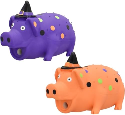 Multipet Globlet Pigs Dog Toy with Witch Hat, 8 Inch, Latex Squeaky Halloween Pet Toy, Color May Vary
