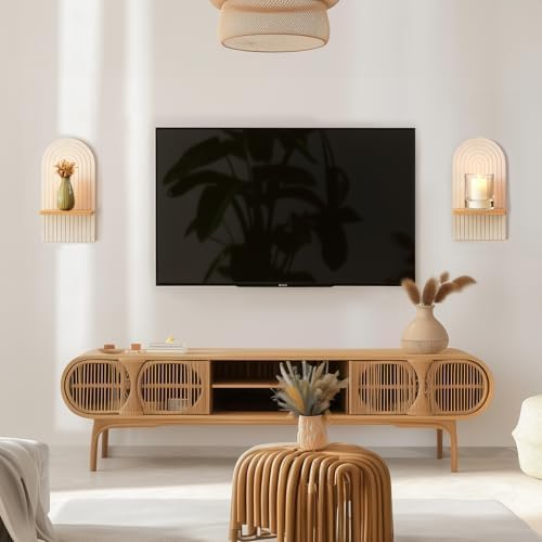Boho Wall Candle Holder Set of 2 with White Arched 3D Design | Mid-century Candle Sconces, Soild Wood, Modern Minimalist, for Pillar, Plants, Bohemian Art Decor, Beside Fireplace and TV