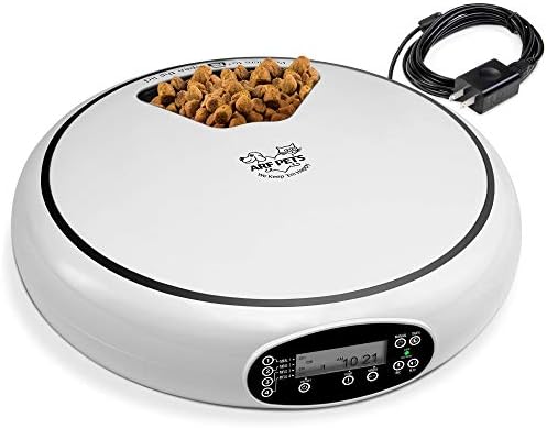 Arf Pets Automatic Pet Feeder, 5 Meal Food Dispenser for Dogs, Cats & Small Animals w/Programmable Timer, Dishwasher-Safe Tray Feeds Wet or Dry Food - (Serves 4 Meals Per Day) Adopter Included