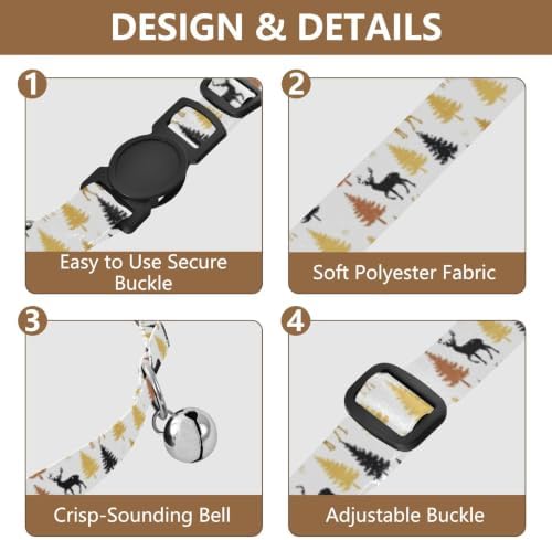 Reindeer Trees White Adjustable Pet Collar, 2 Pack Cat Collars with Bell